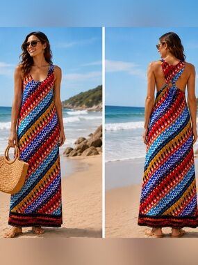 Emma & Michelle Printed Knit Tank‎ Maxi Resort Wear Racerback Ring XL
